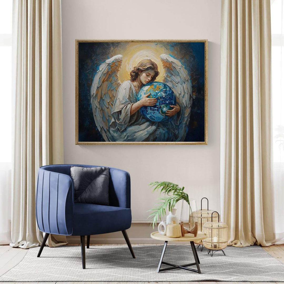 Spiritual angel wall art featuring a celestial guardian with white wings and glowing halo gently holding the Earth, painted in rich blue and gold tones, available as framed canvas or art print.