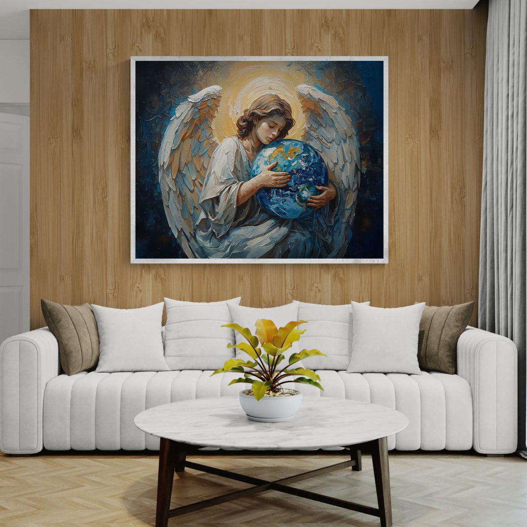 Spiritual angel wall art featuring a celestial guardian with white wings and glowing halo gently holding the Earth, painted in rich blue and gold tones, available as framed canvas or art print.
