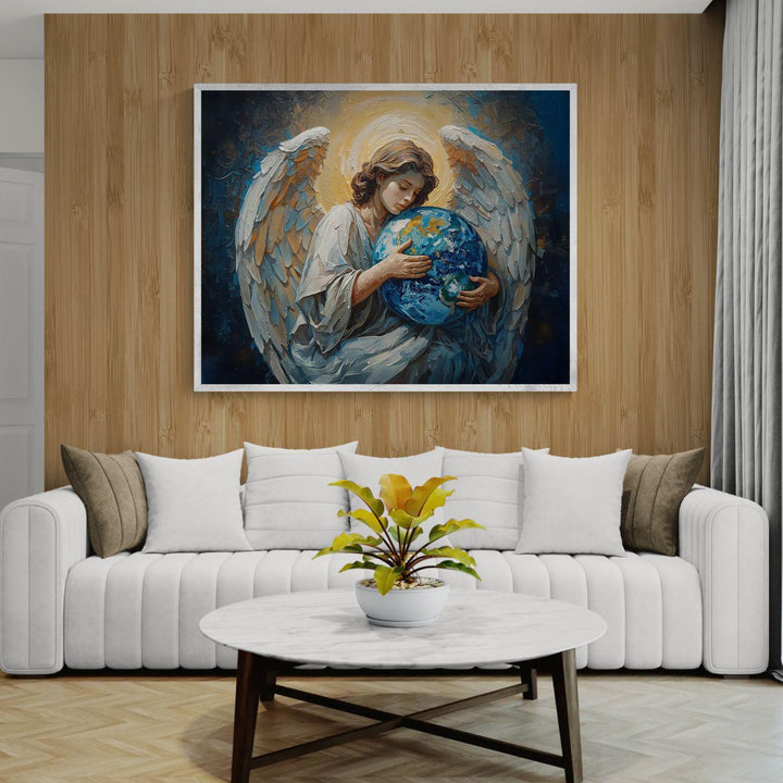 Spiritual angel wall art featuring a celestial guardian with white wings and glowing halo gently holding the Earth, painted in rich blue and gold tones, available as framed canvas or art print.