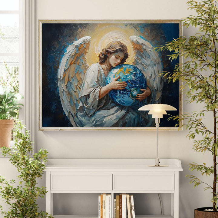 Spiritual angel wall art featuring a celestial guardian with white wings and glowing halo gently holding the Earth, painted in rich blue and gold tones, available as framed canvas or art print.