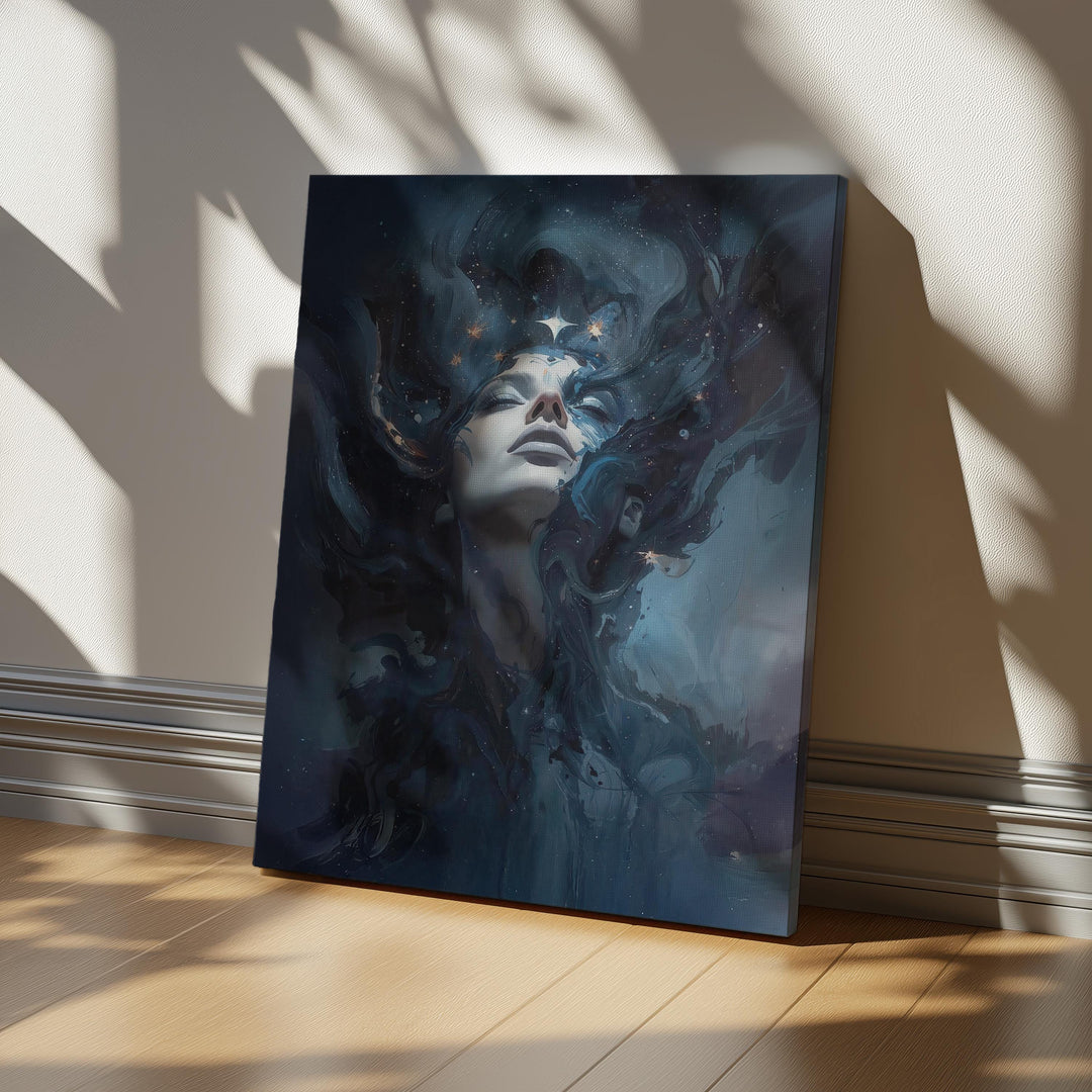 Dreamy celestial goddess wall art showing a serene woman emerging from swirling nebula clouds and glowing starlight in deep blue cosmic space