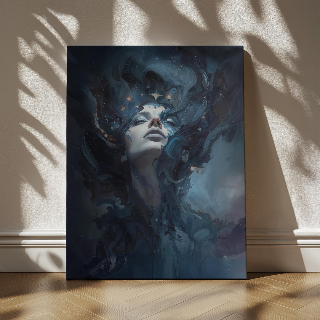 Dreamy celestial goddess wall art showing a serene woman emerging from swirling nebula clouds and glowing starlight in deep blue cosmic space