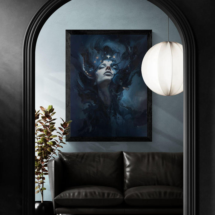 Dreamy celestial goddess wall art showing a serene woman emerging from swirling nebula clouds and glowing starlight in deep blue cosmic space