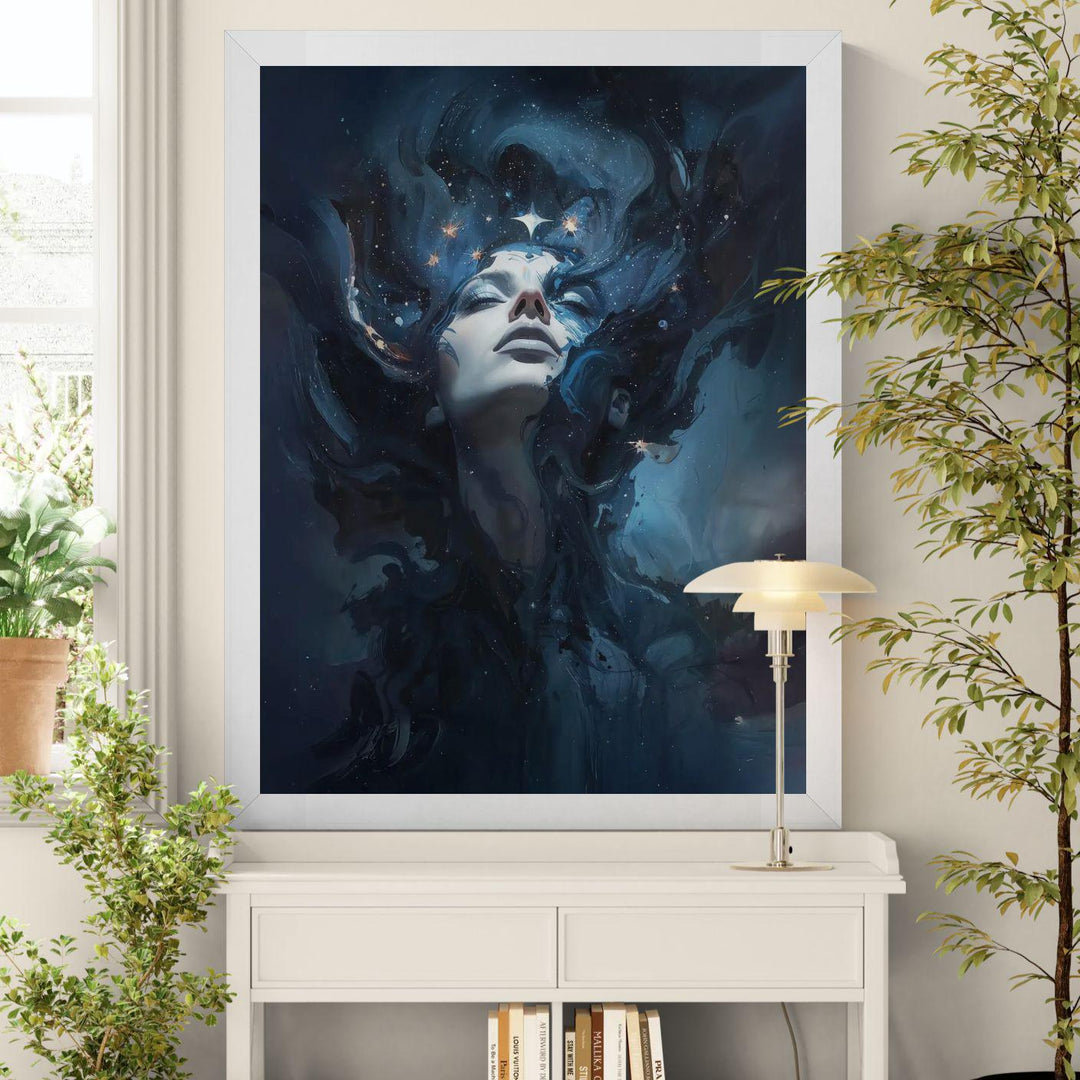 Dreamy celestial goddess wall art showing a serene woman emerging from swirling nebula clouds and glowing starlight in deep blue cosmic space