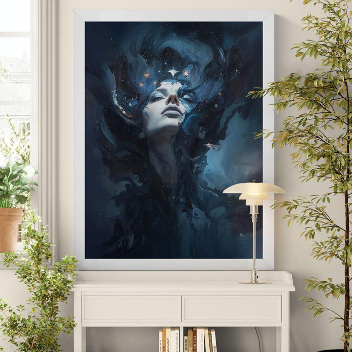 Dreamy celestial goddess wall art showing a serene woman emerging from swirling nebula clouds and glowing starlight in deep blue cosmic space
