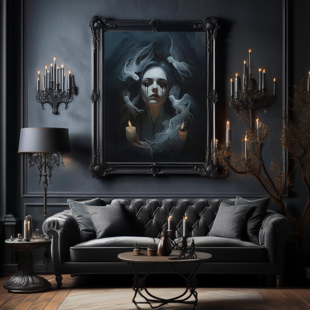 Dark fantasy wall art showing a pale woman with black tears and ghostly angels drifting through candlelit darkness