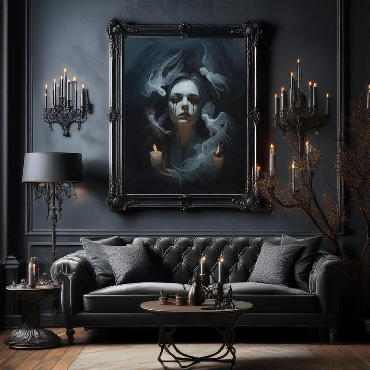 Dark fantasy wall art showing a pale woman with black tears and ghostly angels drifting through candlelit darkness