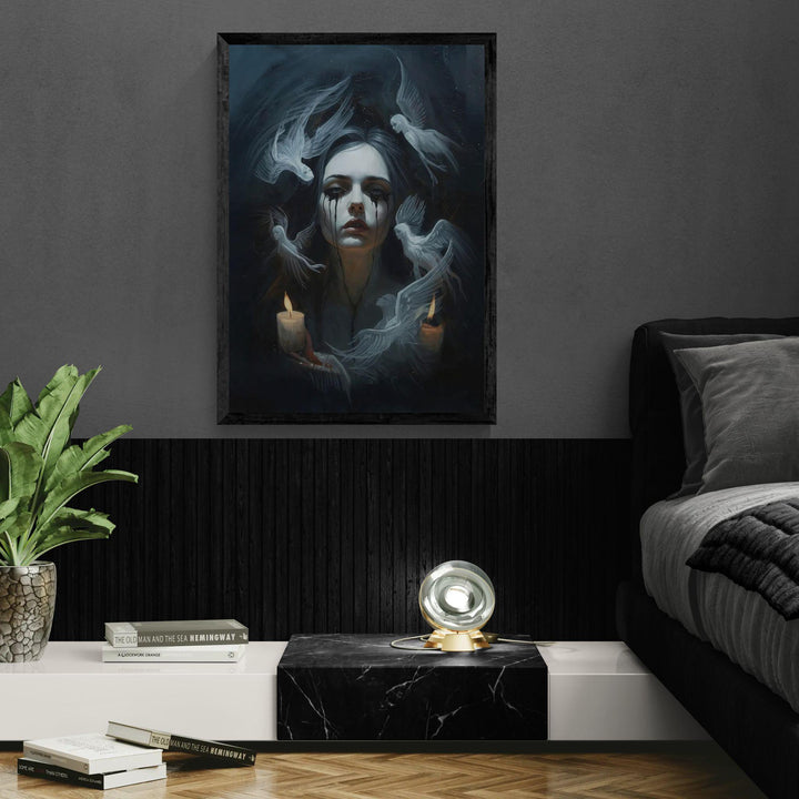 Dark fantasy wall art showing a pale woman with black tears and ghostly angels drifting through candlelit darkness