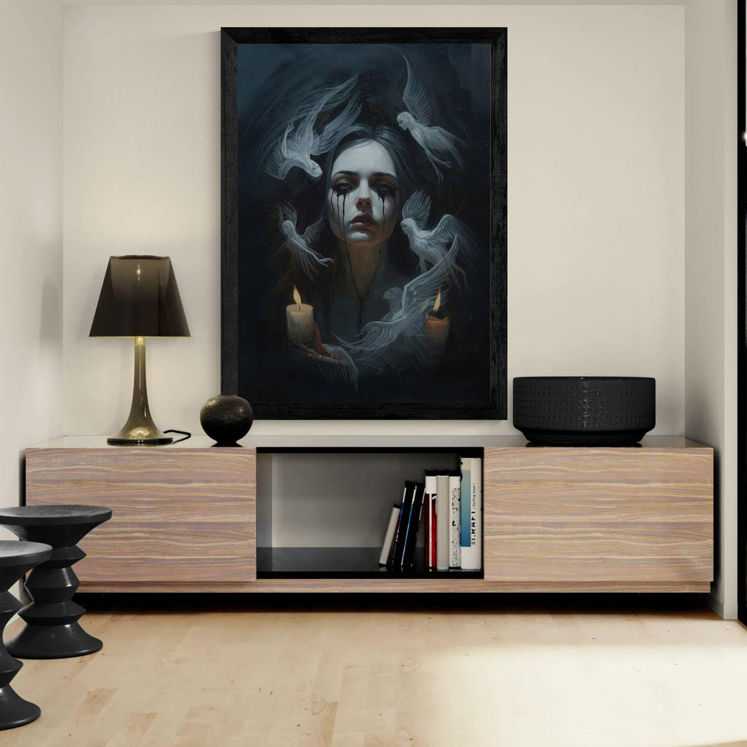 Dark fantasy wall art showing a pale woman with black tears and ghostly angels drifting through candlelit darkness