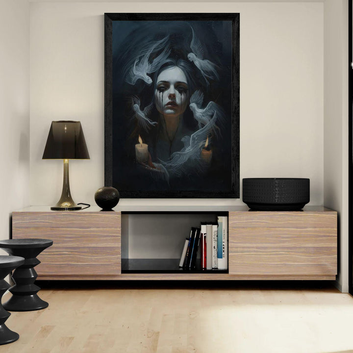 Dark fantasy wall art showing a pale woman with black tears and ghostly angels drifting through candlelit darkness