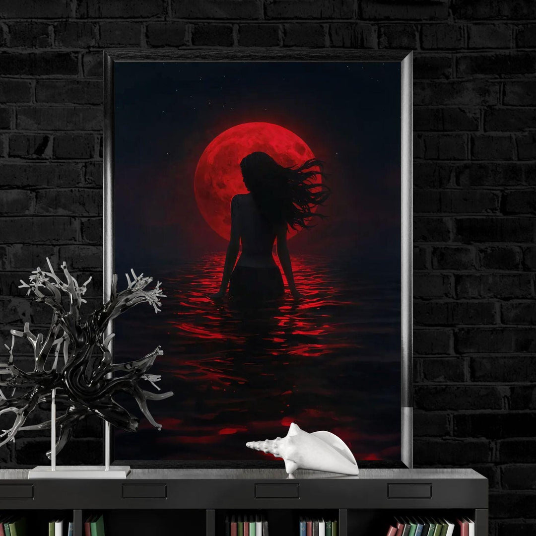Dark fantasy artwork of a mermaid silhouette standing in shimmering crimson water beneath a glowing blood red moon, atmospheric and mystical ocean scene