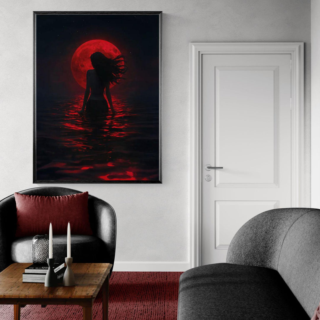 Dark fantasy artwork of a mermaid silhouette standing in shimmering crimson water beneath a glowing blood red moon, atmospheric and mystical ocean scene
