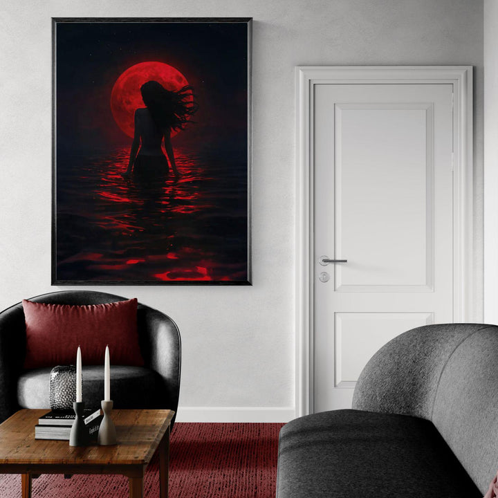 Dark fantasy artwork of a mermaid silhouette standing in shimmering crimson water beneath a glowing blood red moon, atmospheric and mystical ocean scene