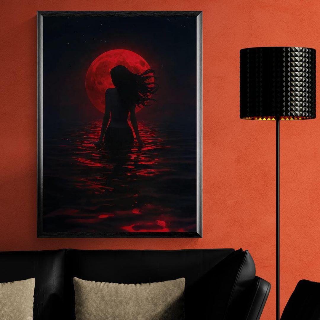 Dark fantasy artwork of a mermaid silhouette standing in shimmering crimson water beneath a glowing blood red moon, atmospheric and mystical ocean scene