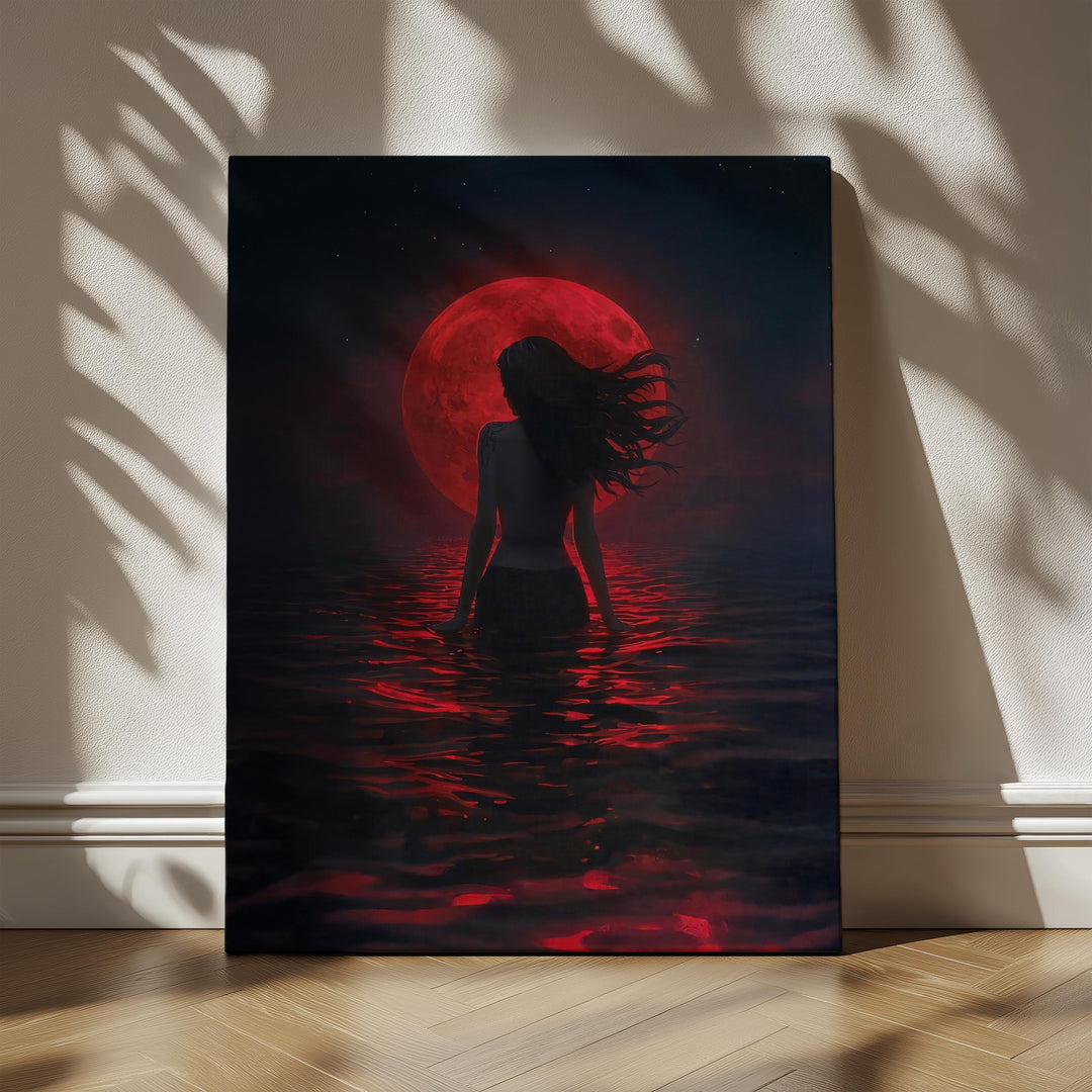 Dark fantasy artwork of a mermaid silhouette standing in shimmering crimson water beneath a glowing blood red moon, atmospheric and mystical ocean scene