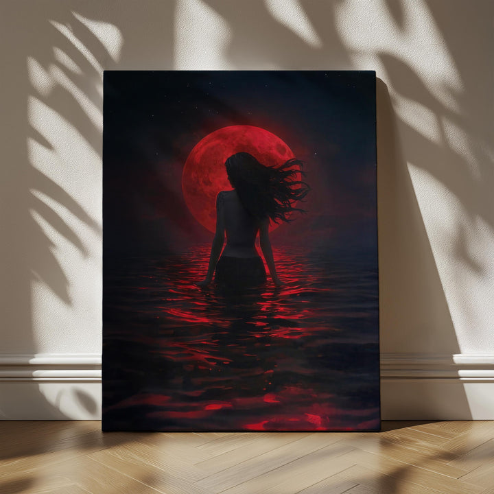 Dark fantasy artwork of a mermaid silhouette standing in shimmering crimson water beneath a glowing blood red moon, atmospheric and mystical ocean scene