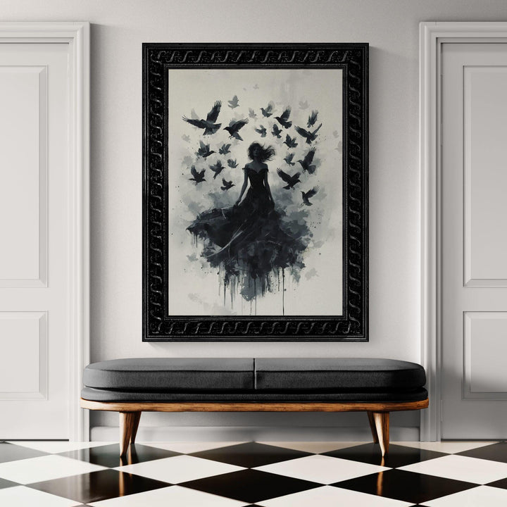 Gothic raven queen wall art featuring a dark feminine figure in flowing black gown surrounded by flying crows in a moody dark fantasy atmosphere