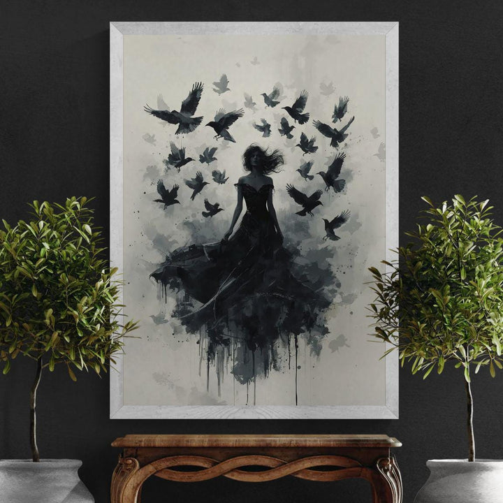 Gothic raven queen wall art featuring a dark feminine figure in flowing black gown surrounded by flying crows in a moody dark fantasy atmosphere