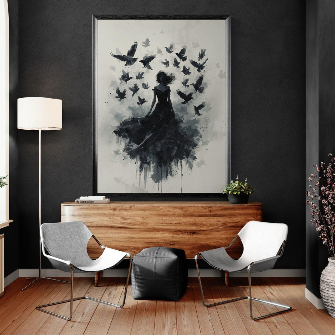 Gothic raven queen wall art featuring a dark feminine figure in flowing black gown surrounded by flying crows in a moody dark fantasy atmosphere
