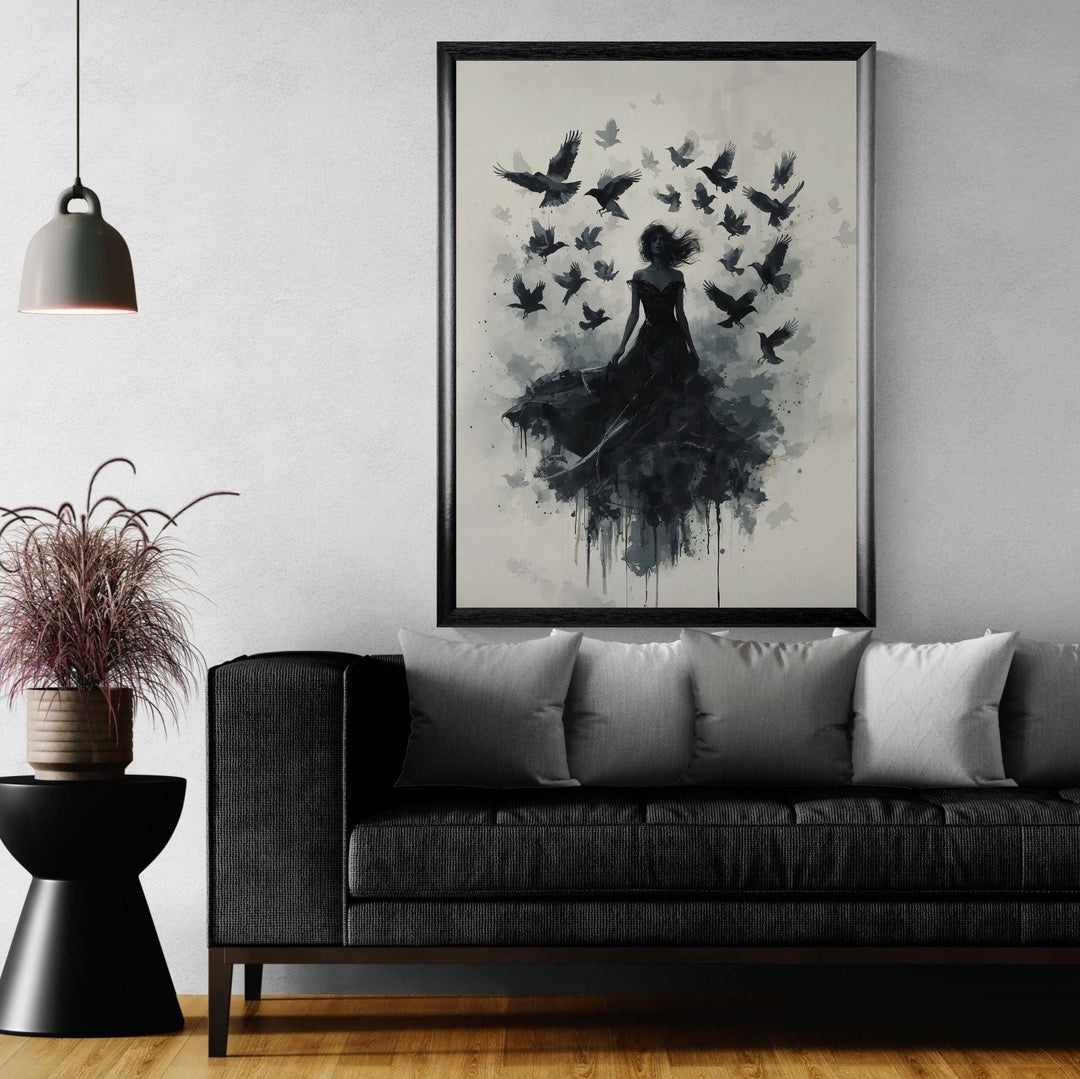Gothic raven queen wall art featuring a dark feminine figure in flowing black gown surrounded by flying crows in a moody dark fantasy atmosphere