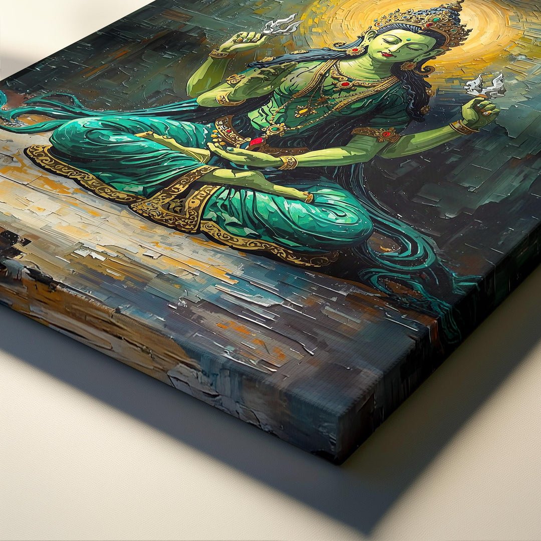 Hindu Tara goddess wall art showing green goddess seated in meditation with glowing halo and sacred spiritual symbolism