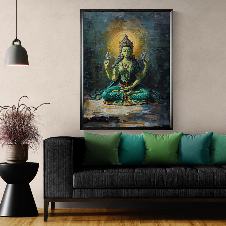Hindu Tara goddess wall art showing green goddess seated in meditation with glowing halo and sacred spiritual symbolism