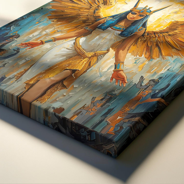 Egyptian goddess Isis wall art showing a celestial divine figure with golden wings, luminous halo, and sacred ancient symbolism in fantasy style