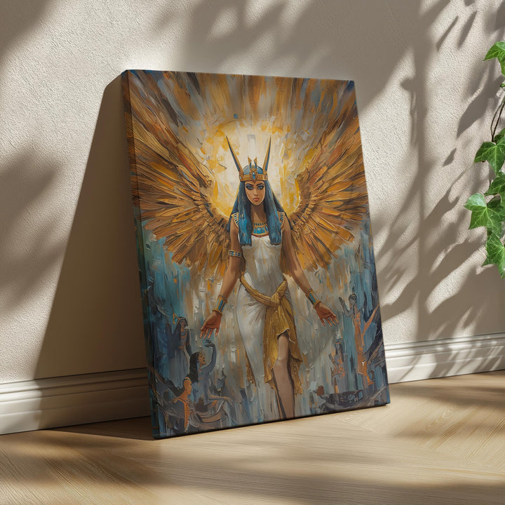 Egyptian goddess Isis wall art showing a celestial divine figure with golden wings, luminous halo, and sacred ancient symbolism in fantasy style