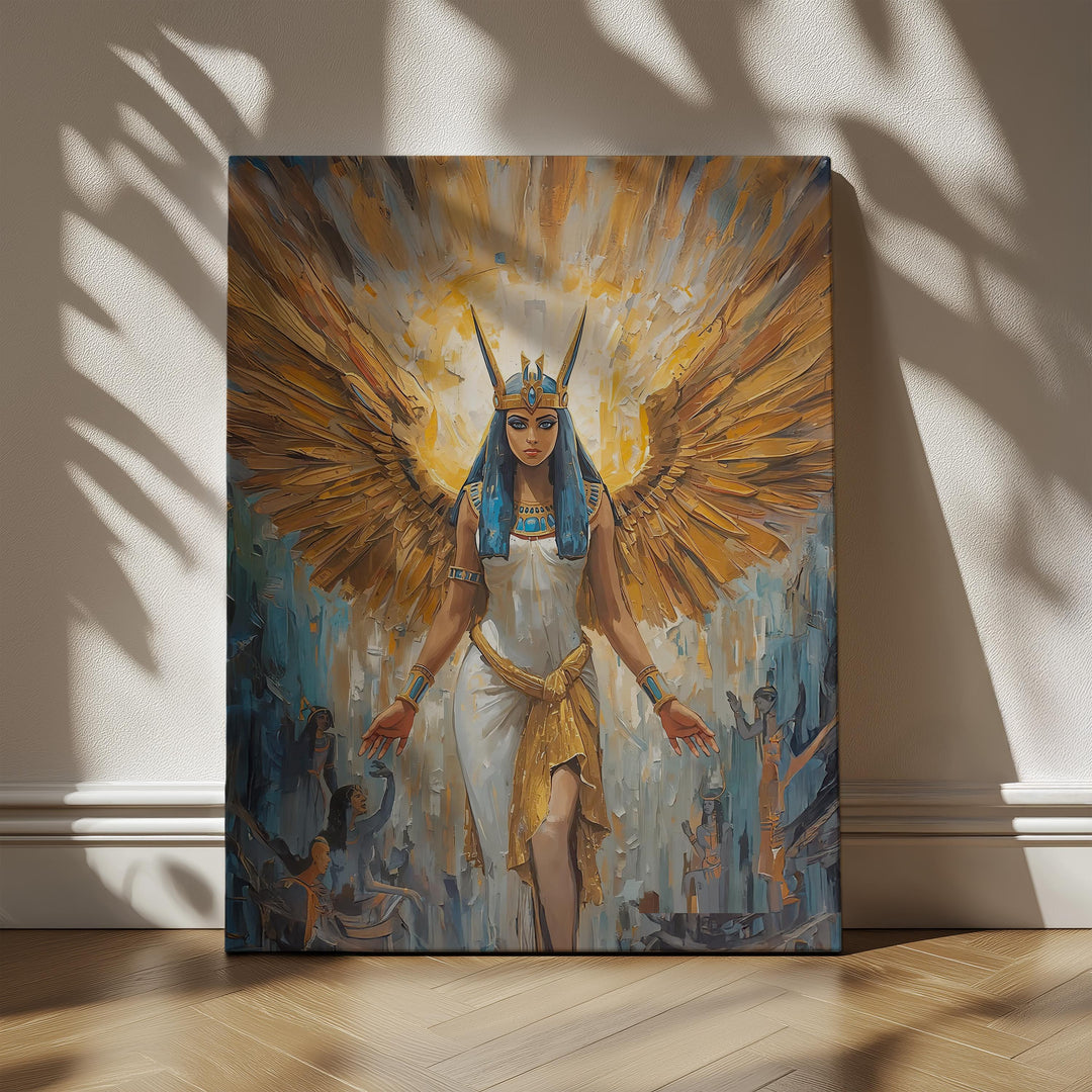 Egyptian goddess Isis wall art showing a celestial divine figure with golden wings, luminous halo, and sacred ancient symbolism in fantasy style