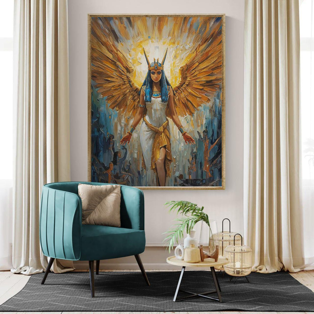 Egyptian goddess Isis wall art showing a celestial divine figure with golden wings, luminous halo, and sacred ancient symbolism in fantasy style