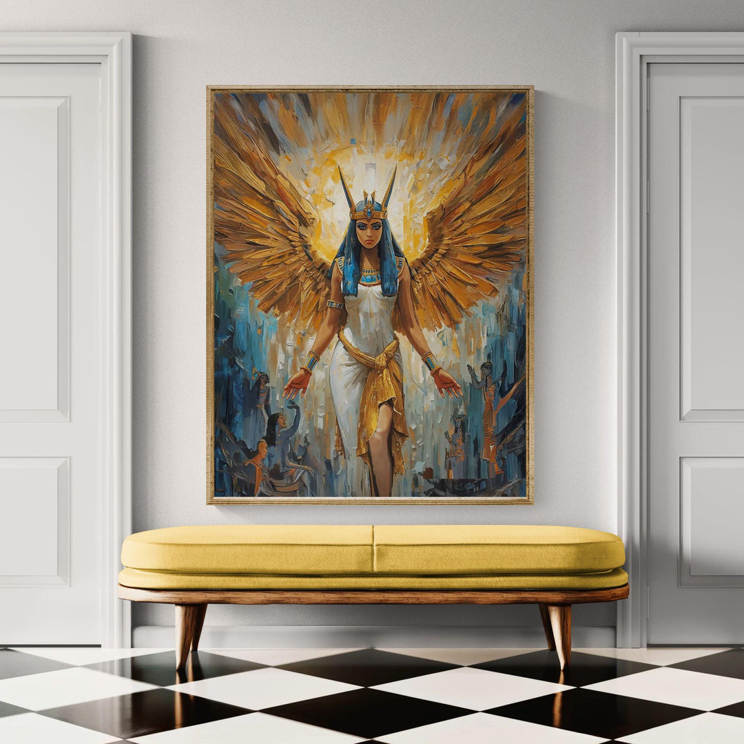 Egyptian goddess Isis wall art showing a celestial divine figure with golden wings, luminous halo, and sacred ancient symbolism in fantasy style