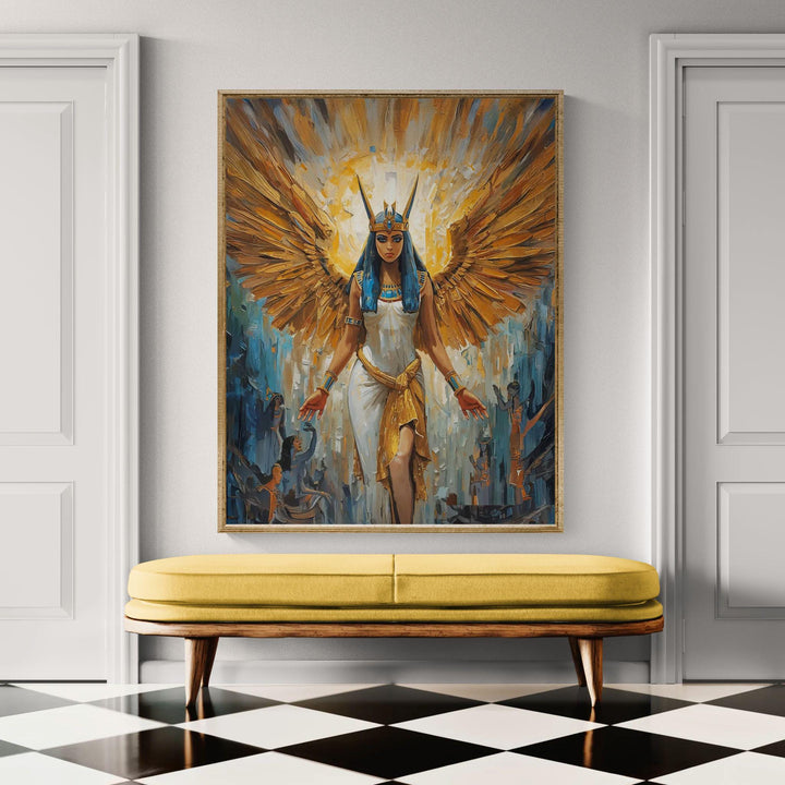 Egyptian goddess Isis wall art showing a celestial divine figure with golden wings, luminous halo, and sacred ancient symbolism in fantasy style