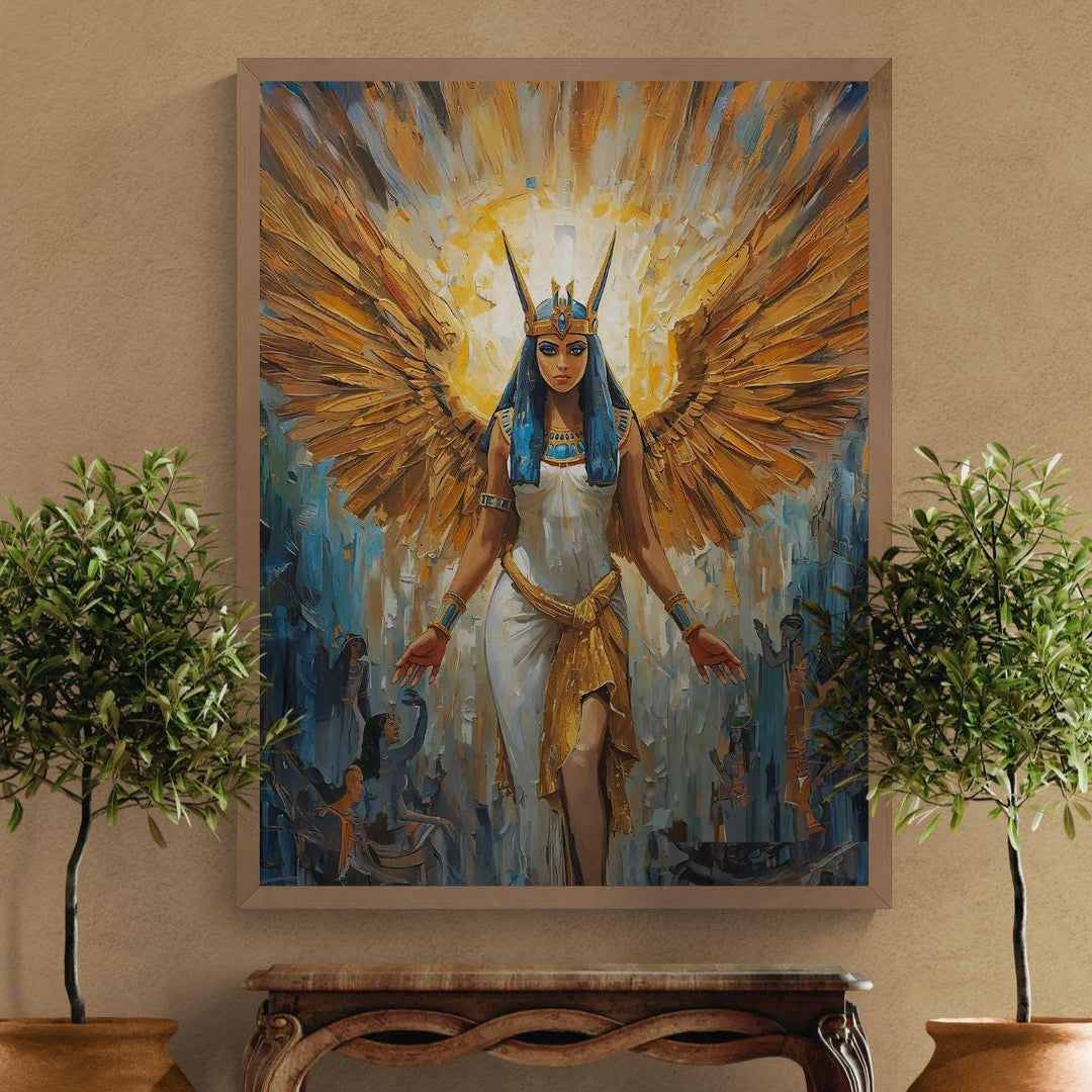 Egyptian goddess Isis wall art showing a celestial divine figure with golden wings, luminous halo, and sacred ancient symbolism in fantasy style