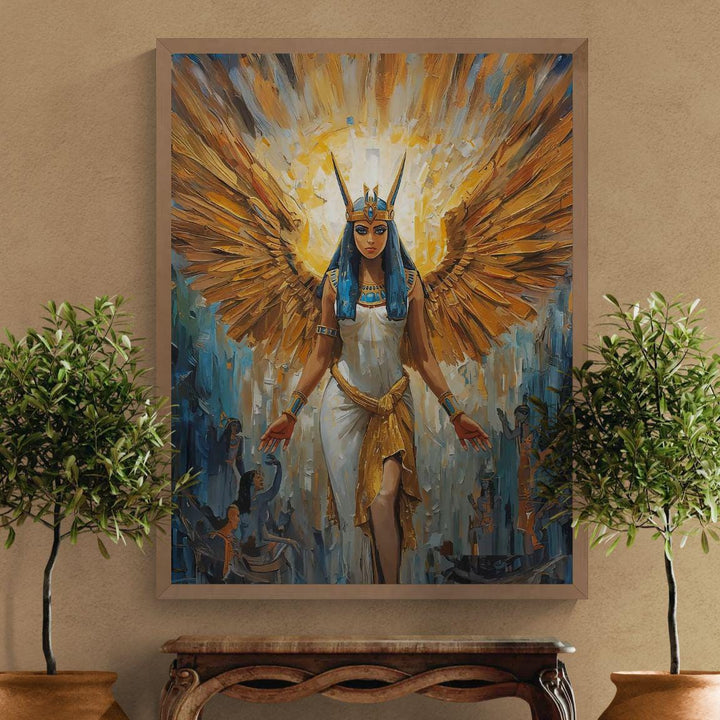 Egyptian goddess Isis wall art showing a celestial divine figure with golden wings, luminous halo, and sacred ancient symbolism in fantasy style