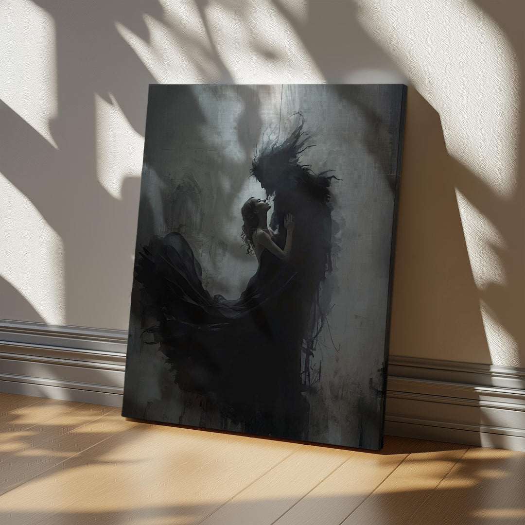 Dark fantasy wall art featuring a woman embracing a shadow monster in a haunting gothic atmosphere