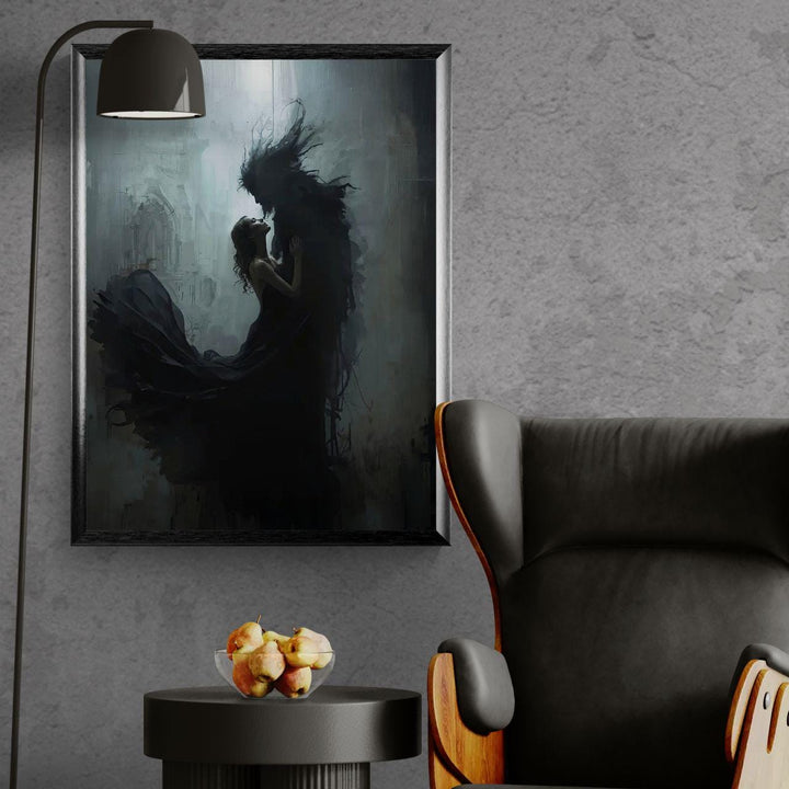 Dark fantasy wall art featuring a woman embracing a shadow monster in a haunting gothic atmosphere