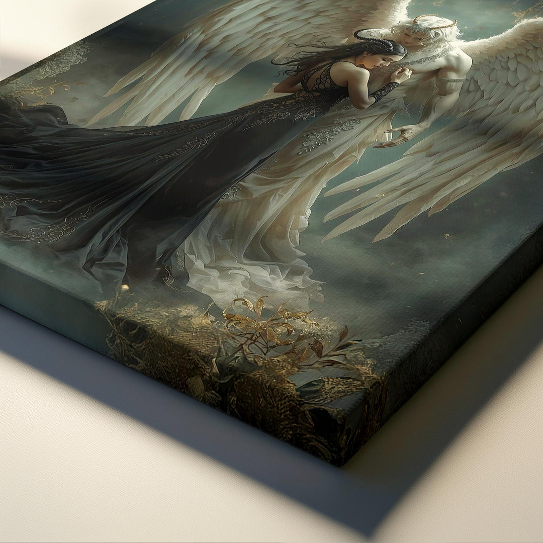 Dark fantasy romance art featuring a celestial angel embracing a gothic woman in an ethereal, intimate atmosphere