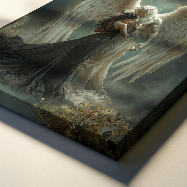 Dark fantasy romance art featuring a celestial angel embracing a gothic woman in an ethereal, intimate atmosphere