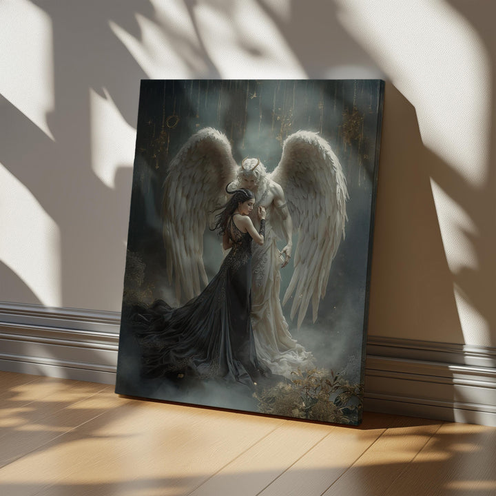 Dark fantasy romance art featuring a celestial angel embracing a gothic woman in an ethereal, intimate atmosphere