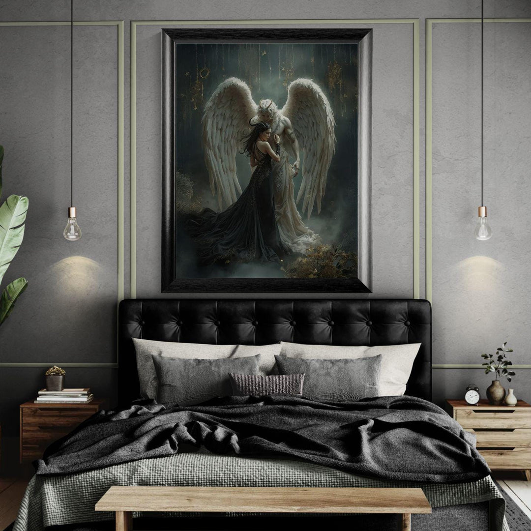 Dark fantasy romance art featuring a celestial angel embracing a gothic woman in an ethereal, intimate atmosphere