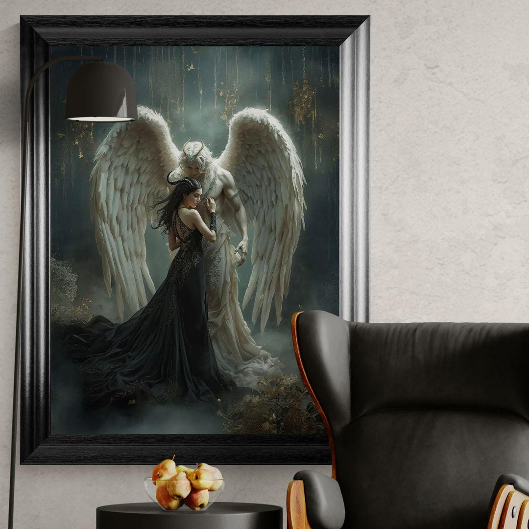 Dark fantasy romance art featuring a celestial angel embracing a gothic woman in an ethereal, intimate atmosphere