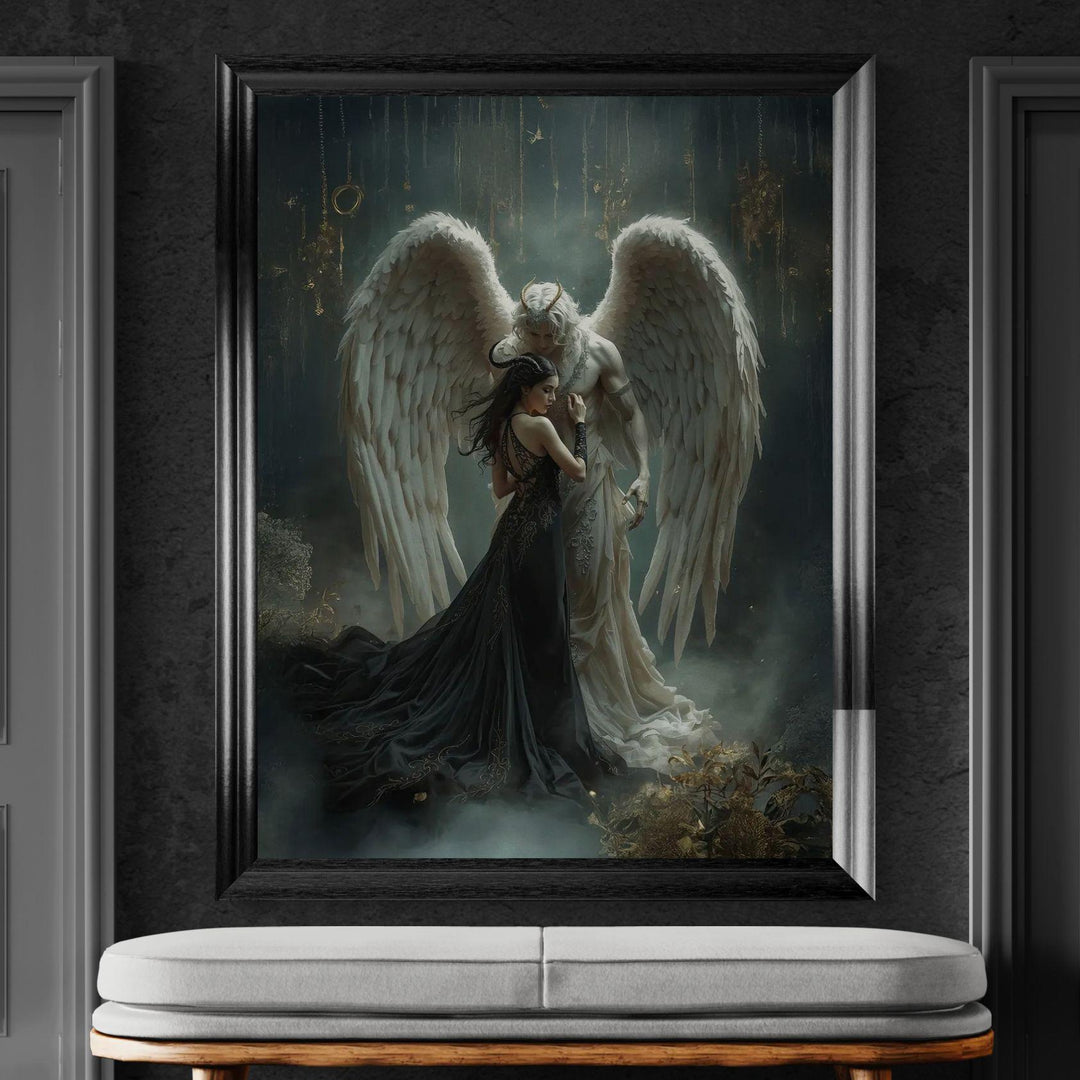 Dark fantasy romance art featuring a celestial angel embracing a gothic woman in an ethereal, intimate atmosphere