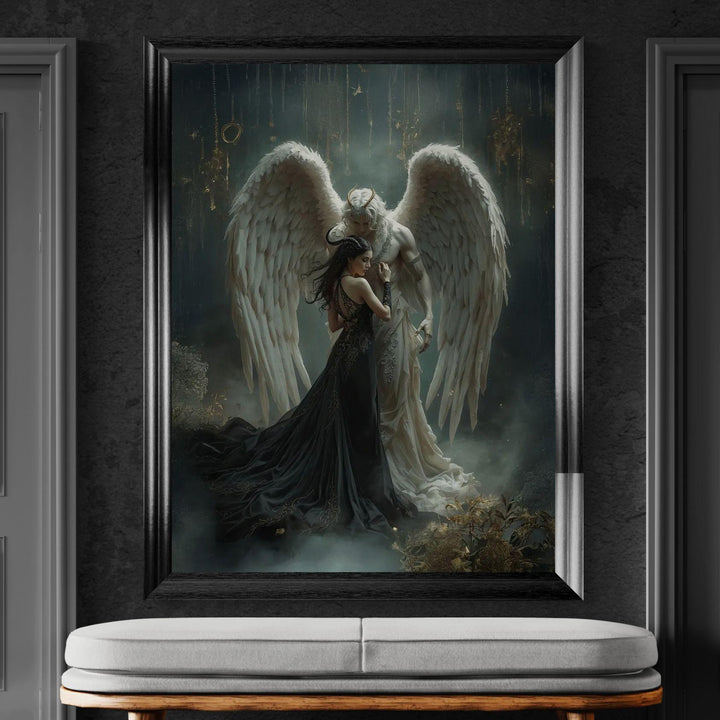 Dark fantasy romance art featuring a celestial angel embracing a gothic woman in an ethereal, intimate atmosphere