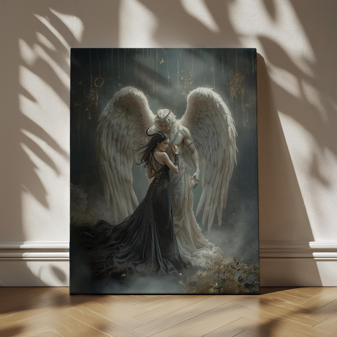 Dark fantasy romance art featuring a celestial angel embracing a gothic woman in an ethereal, intimate atmosphere