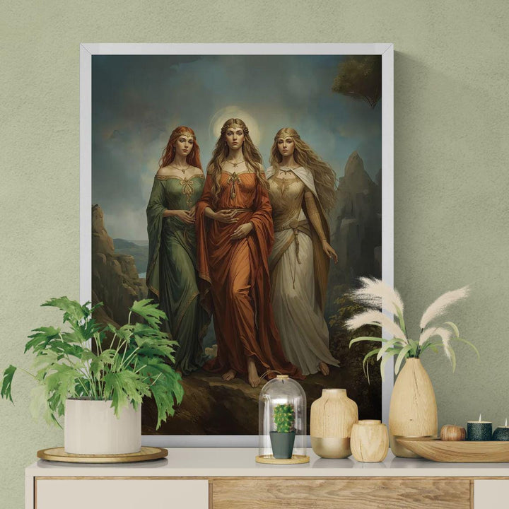 Celtic goddess wall art featuring three divine feminine figures inspired by Brigid, Morrigan, and Danu walking together in a glowing mythic landscape