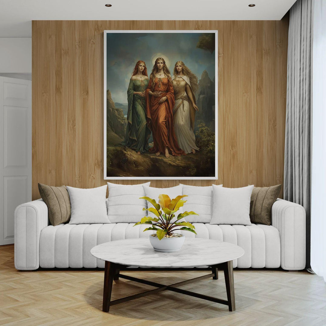 Celtic goddess wall art featuring three divine feminine figures inspired by Brigid, Morrigan, and Danu walking together in a glowing mythic landscape
