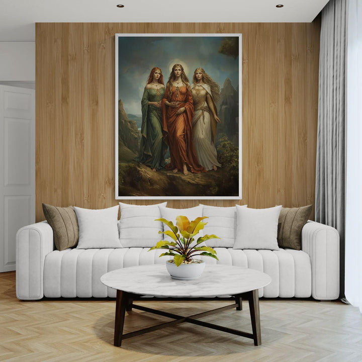 Celtic goddess wall art featuring three divine feminine figures inspired by Brigid, Morrigan, and Danu walking together in a glowing mythic landscape