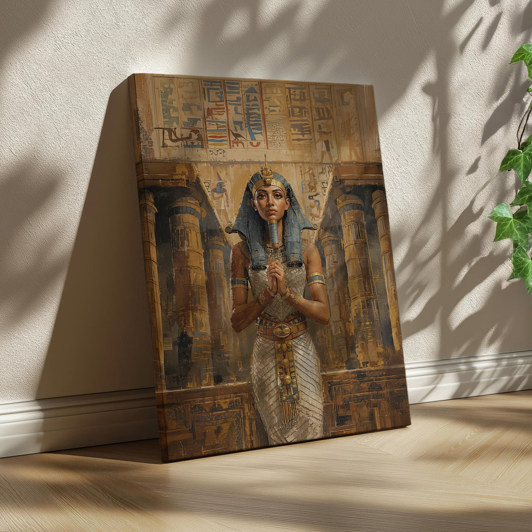Egyptian goddess wall art featuring Wadjet in ceremonial attire standing inside a grand ancient temple filled with hieroglyphs and warm golden tones.