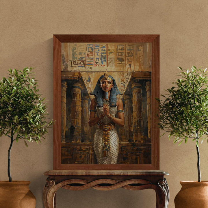 Egyptian goddess wall art featuring Wadjet in ceremonial attire standing inside a grand ancient temple filled with hieroglyphs and warm golden tones.