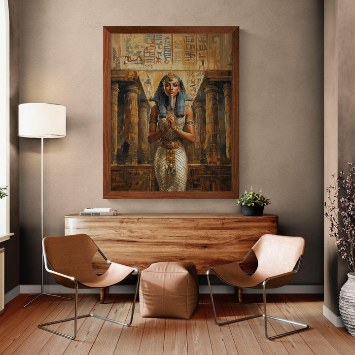 Egyptian goddess wall art featuring Wadjet in ceremonial attire standing inside a grand ancient temple filled with hieroglyphs and warm golden tones.